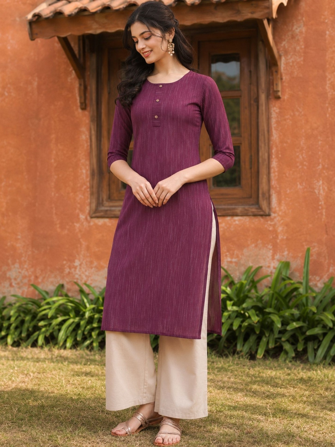 Saanjh Burgundy Striped Round Neck Straight Kurta