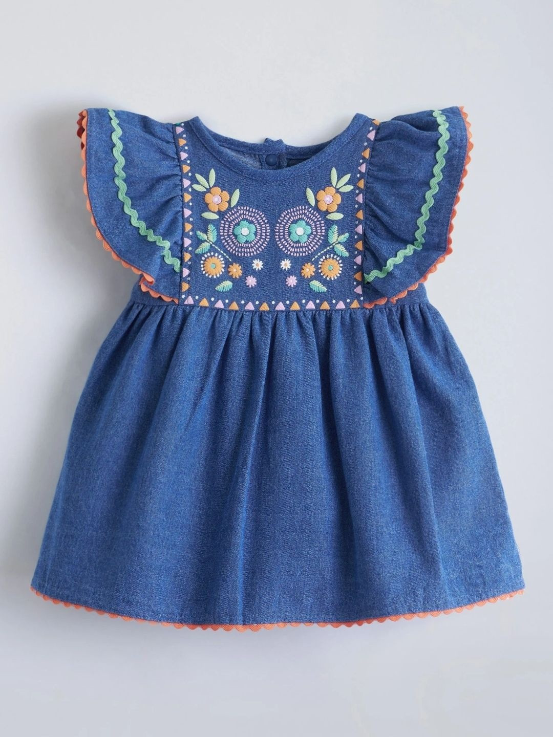 Hopscotch Floral Embroidered Cotton Denim Dress