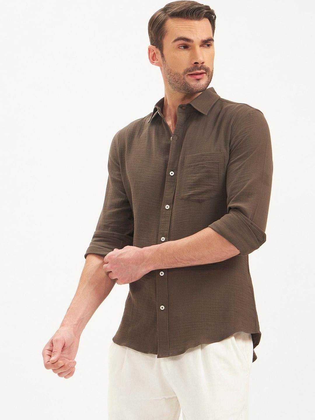 MOE&JEK Men Olive Green Premium Cotton Gauze Weave Shirt