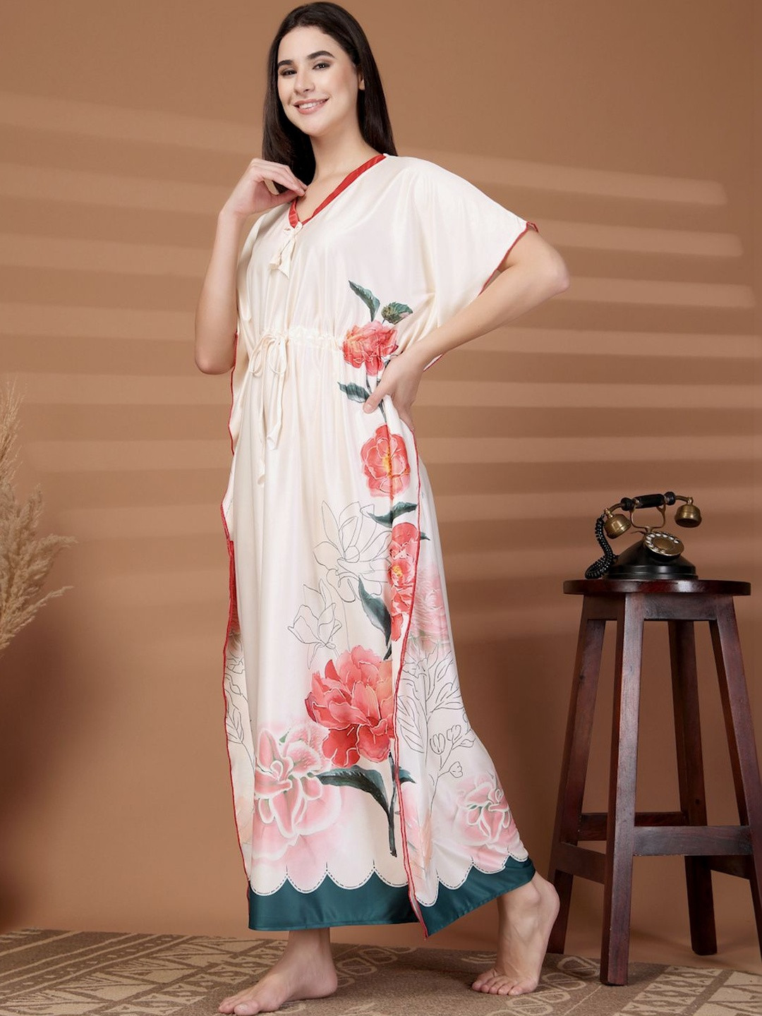 FABINALIV Women Cream Floral Graphic Printed V-Neck Kaftan Nighty