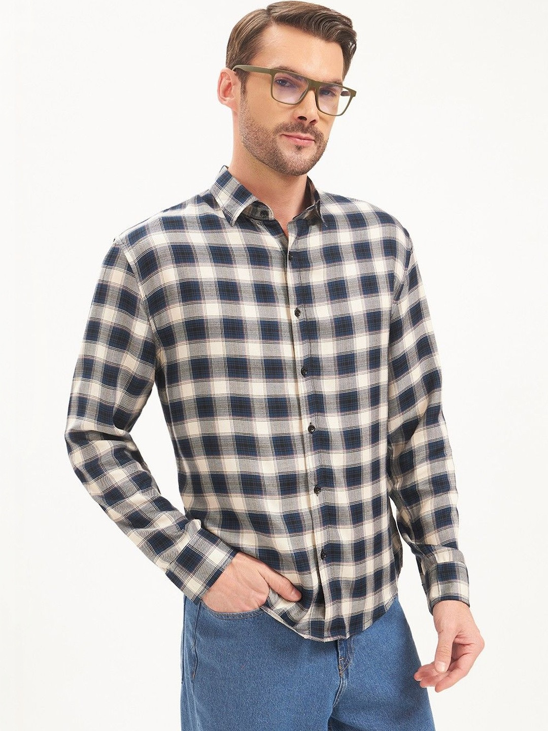 MOE&JEK Men Midnight Blue Check Cotton Twill Smart Casual Shirt