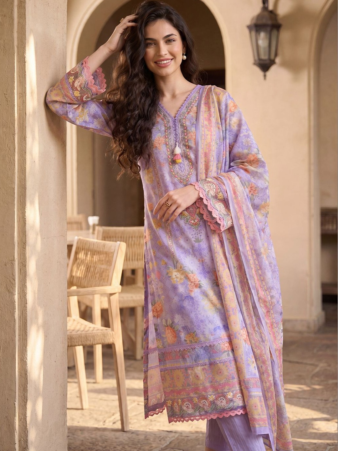 Indo Era Women Floral Printed Regular Linen Kurta with Trousers & With Dupatta