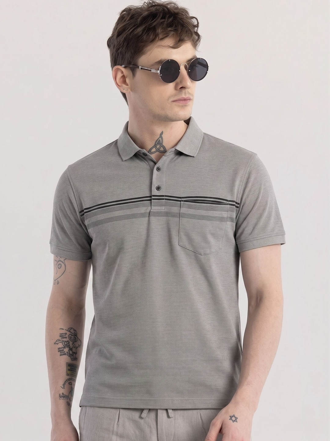 TMO Men Striped Polo Collar Pockets T-shirt