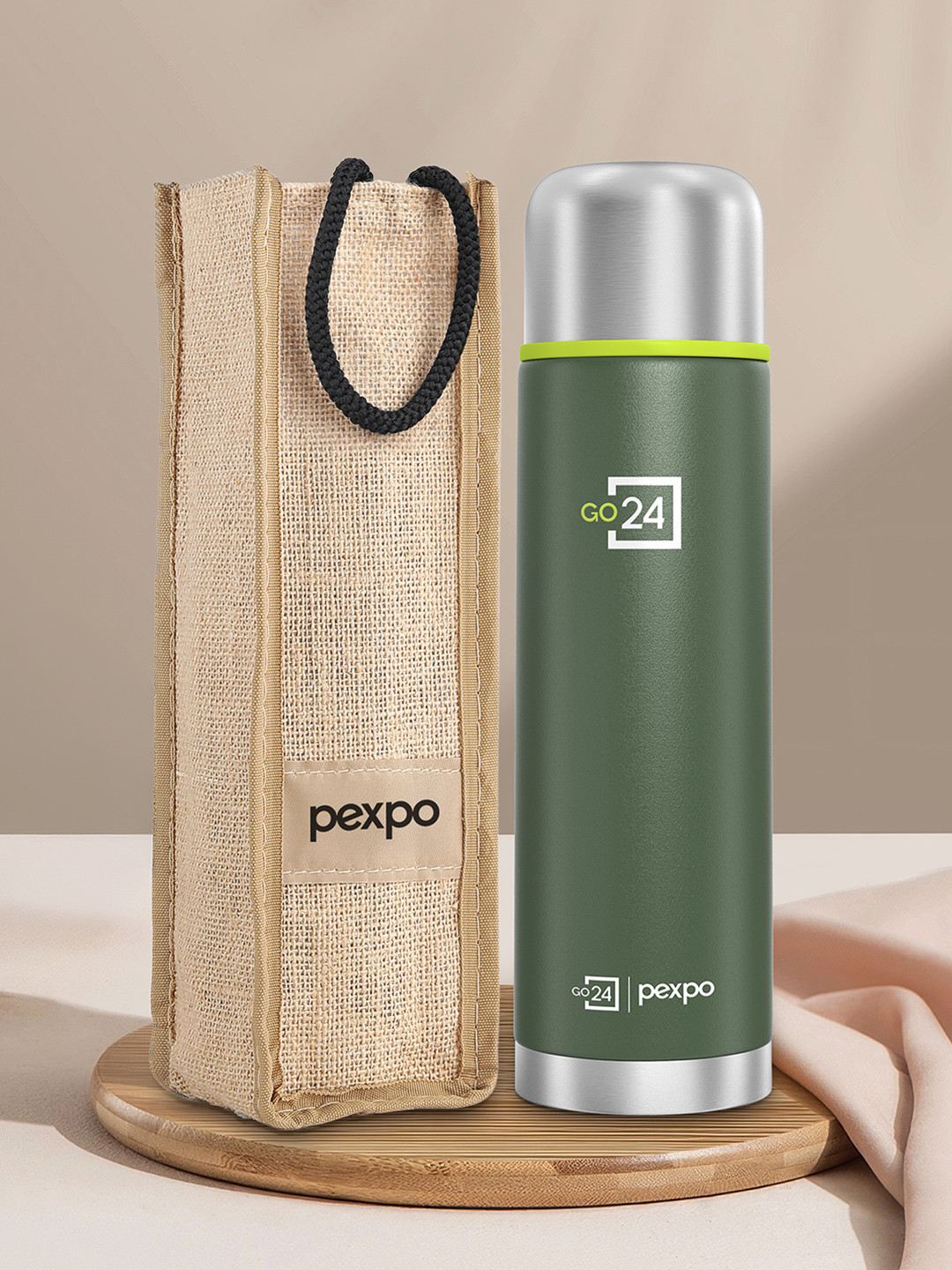 Go24 Flamingo Green Solid Stainless Steel Spill Proof Flask - 1L
