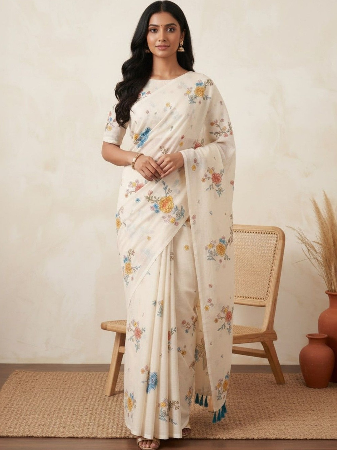 BHAKTI FASHION Floral Linen Blend Saree