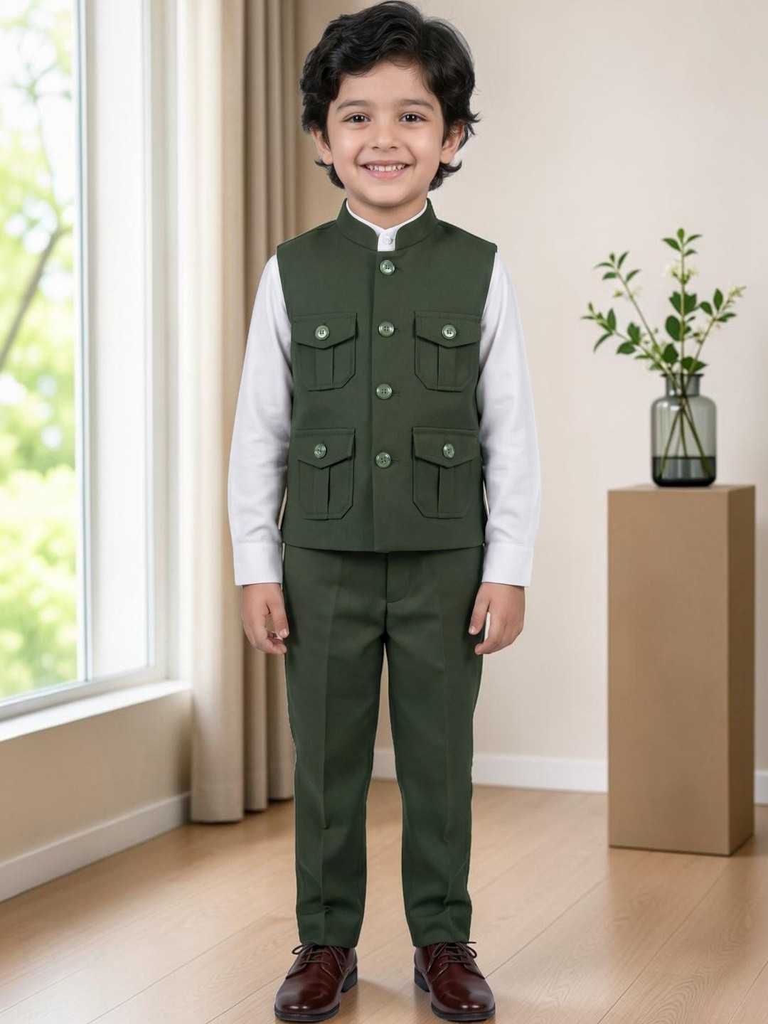 Dripteen Boys Mandarin Collar Single-Breasted Three-Piece Suit