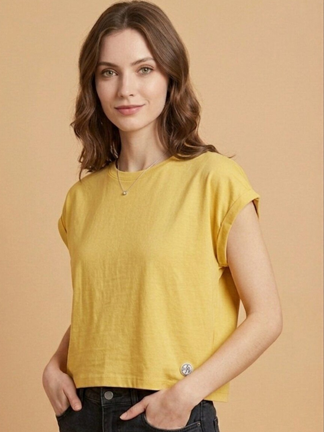 STRAY88 Roll-Up Sleeves Cotton Blend Crop Top