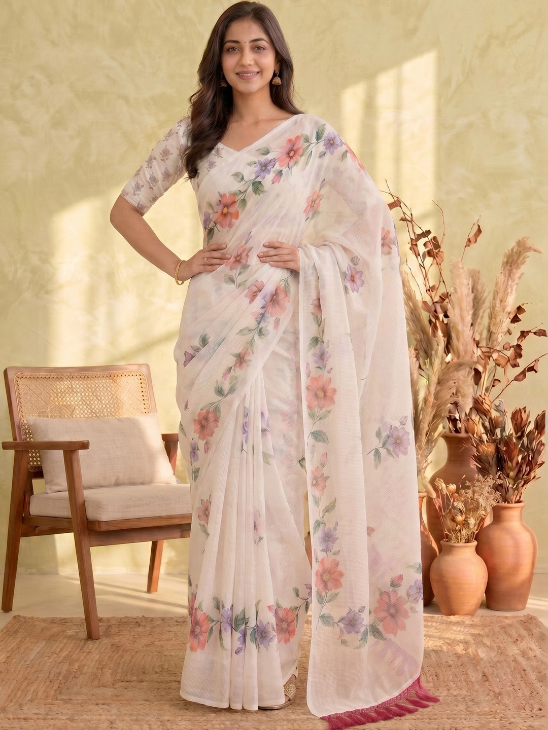 BHAKTI FASHION Floral Linen Blend Saree