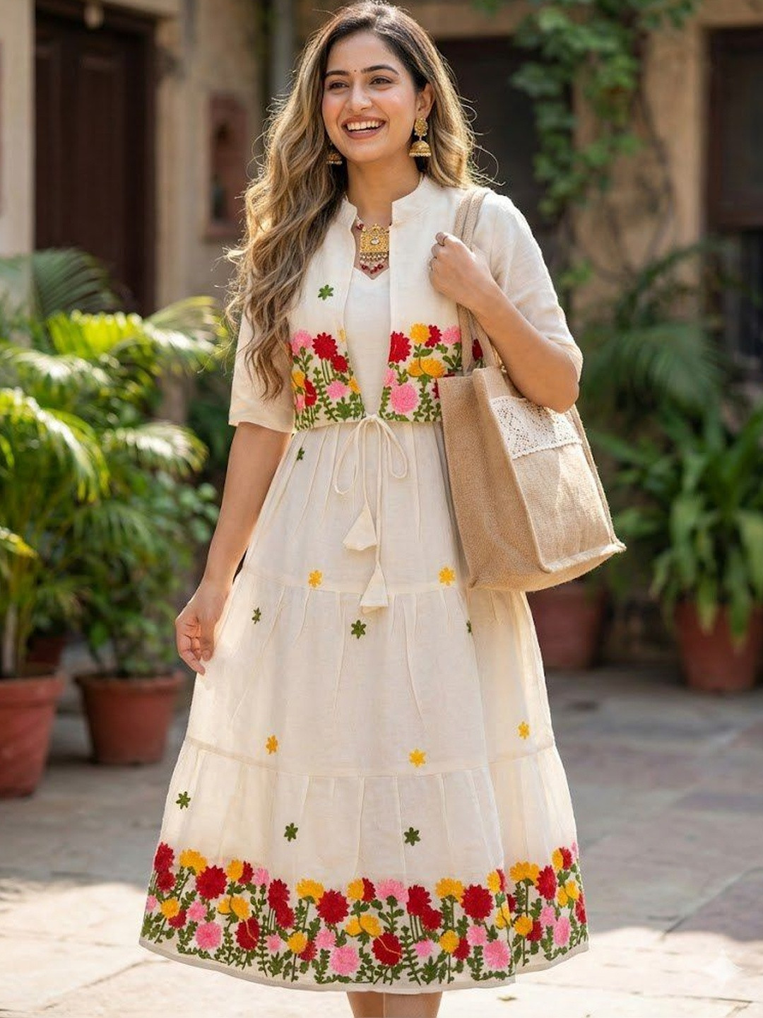 RUNAYA NX Floral Embroidered A-Line Midi Dress