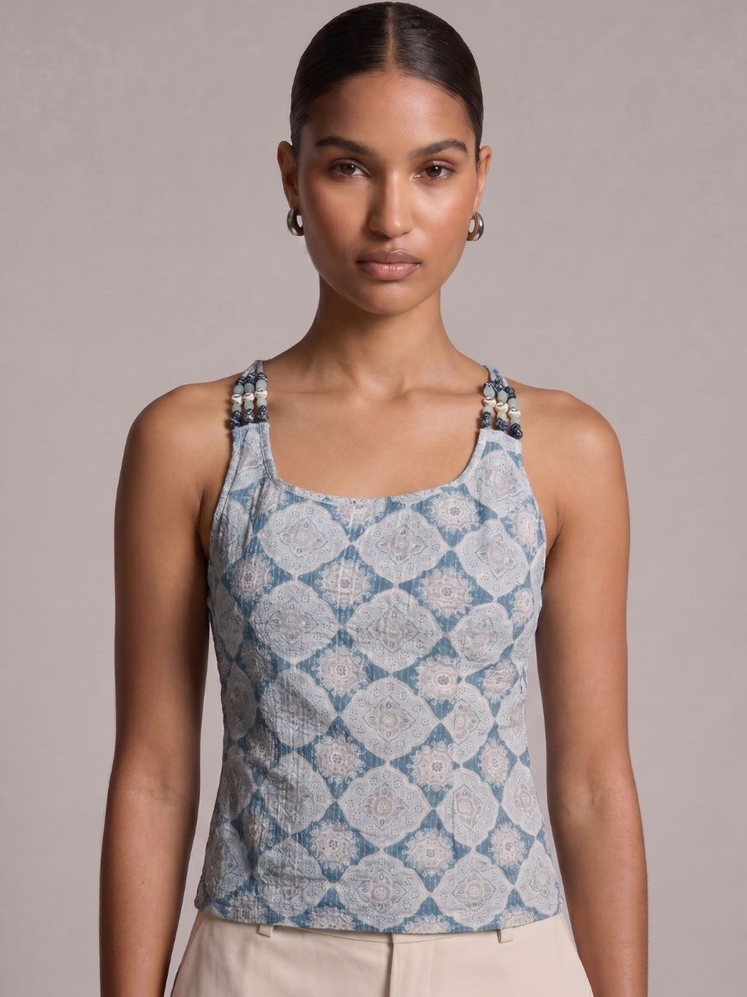 NISHORAMA Print Halter Neck Ethnic Cotton Top