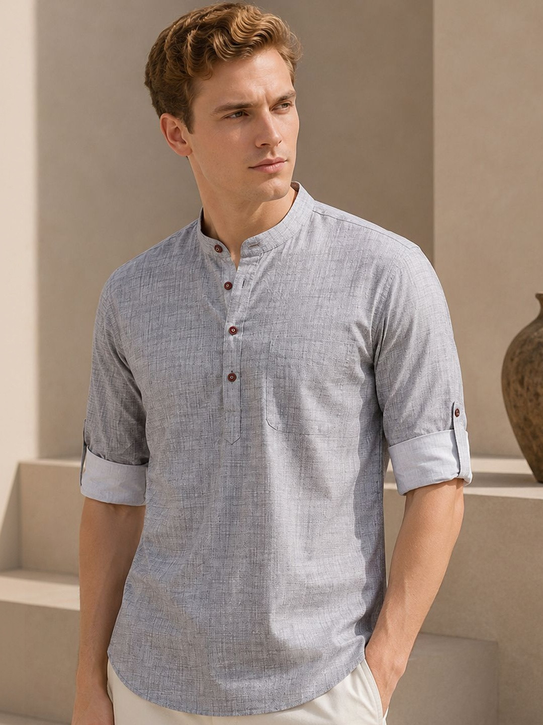 Hancock Band Collar Roll-Up Sleeves Cotton Straight Kurta