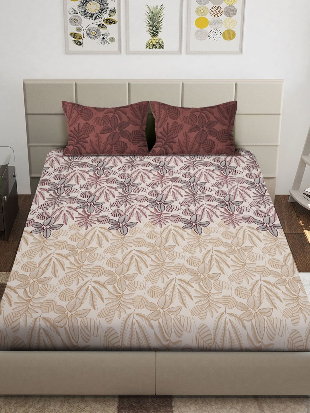 Myntra Elegant Homes Cream-Coloured & Red Floral 300 TC Bedsheet with 2 Pillow Covers