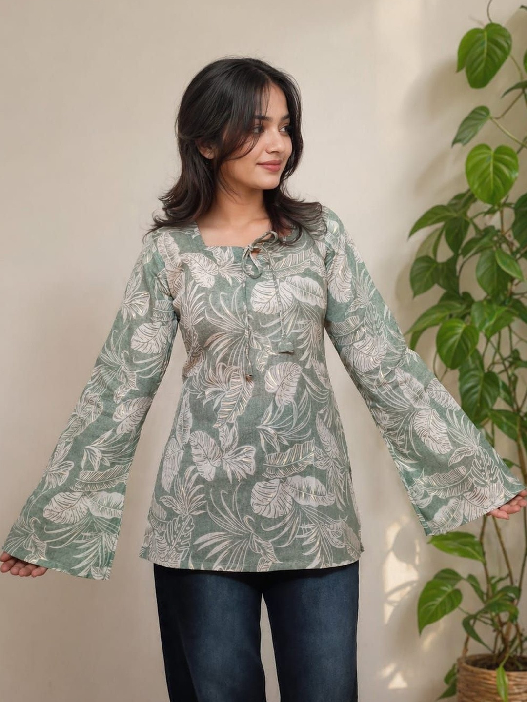 KURVEE Botanical Printed Square Neck Flared Sleeves Pure Cotton Kurti