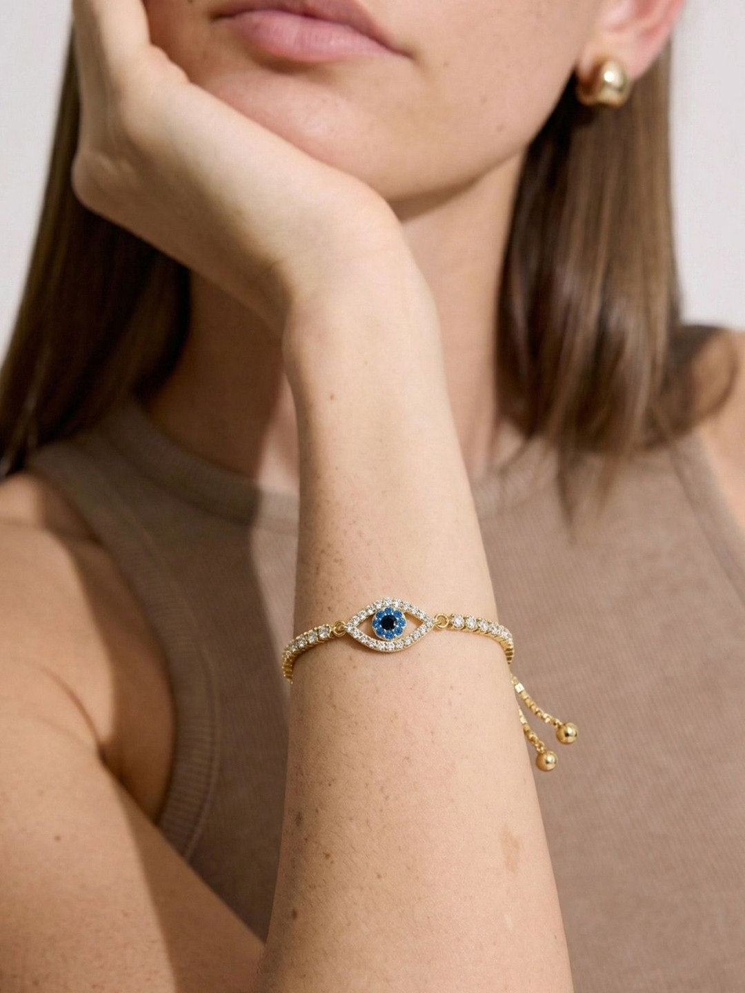 DIORIN 18K Gold-Plated Cubic Zirconia Studded Evil Eye Wraparound Bracelet