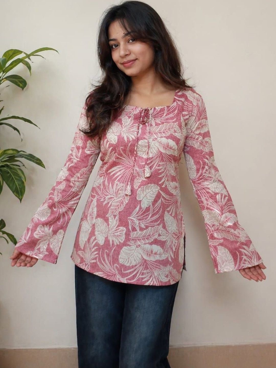 KURVEE Botanical Printed Square Neck Flared Sleeves Pure Cotton Kurti