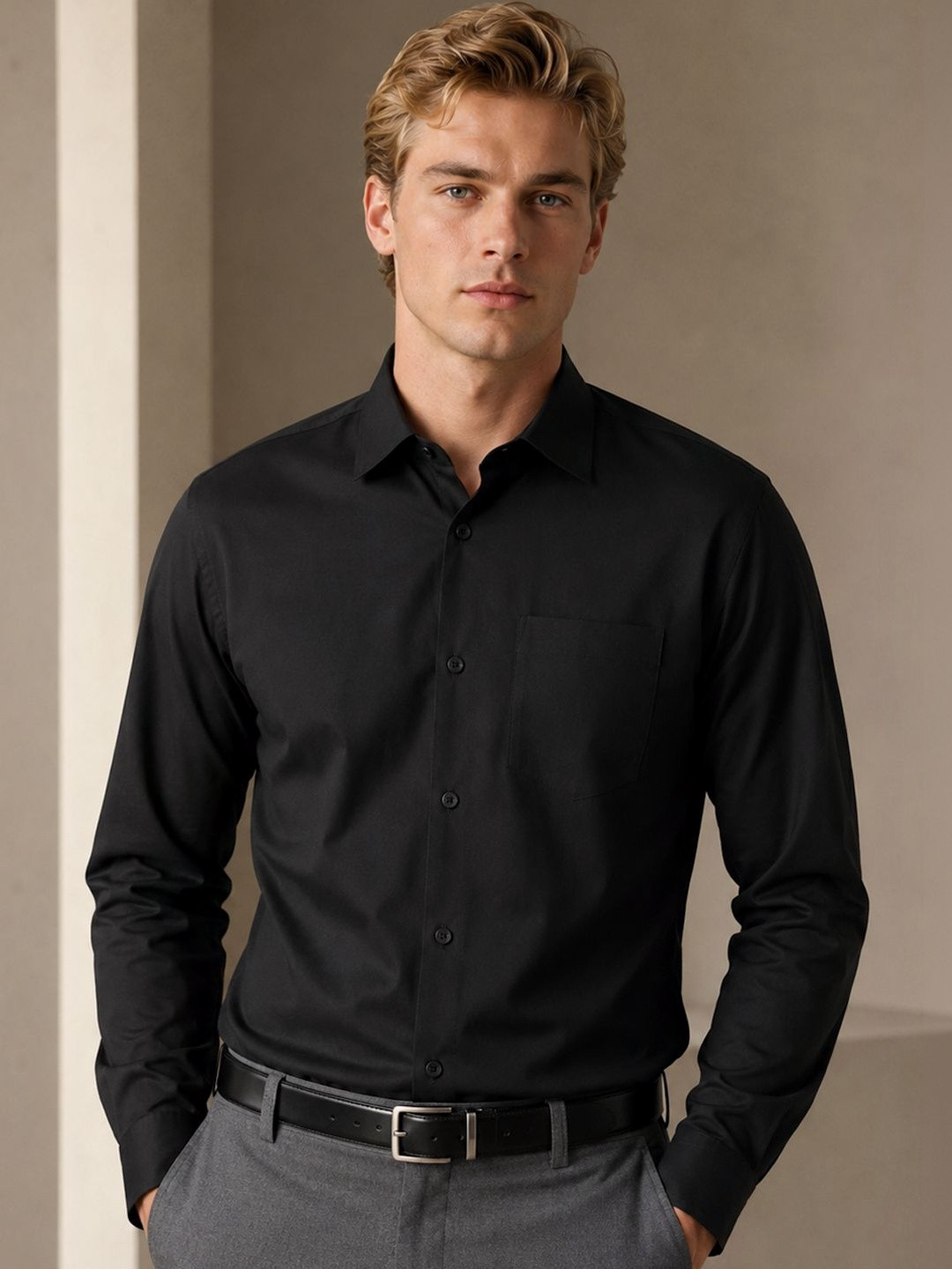 Hancock Men Classic Slim Fit Opaque Stretchable Formal Shirt