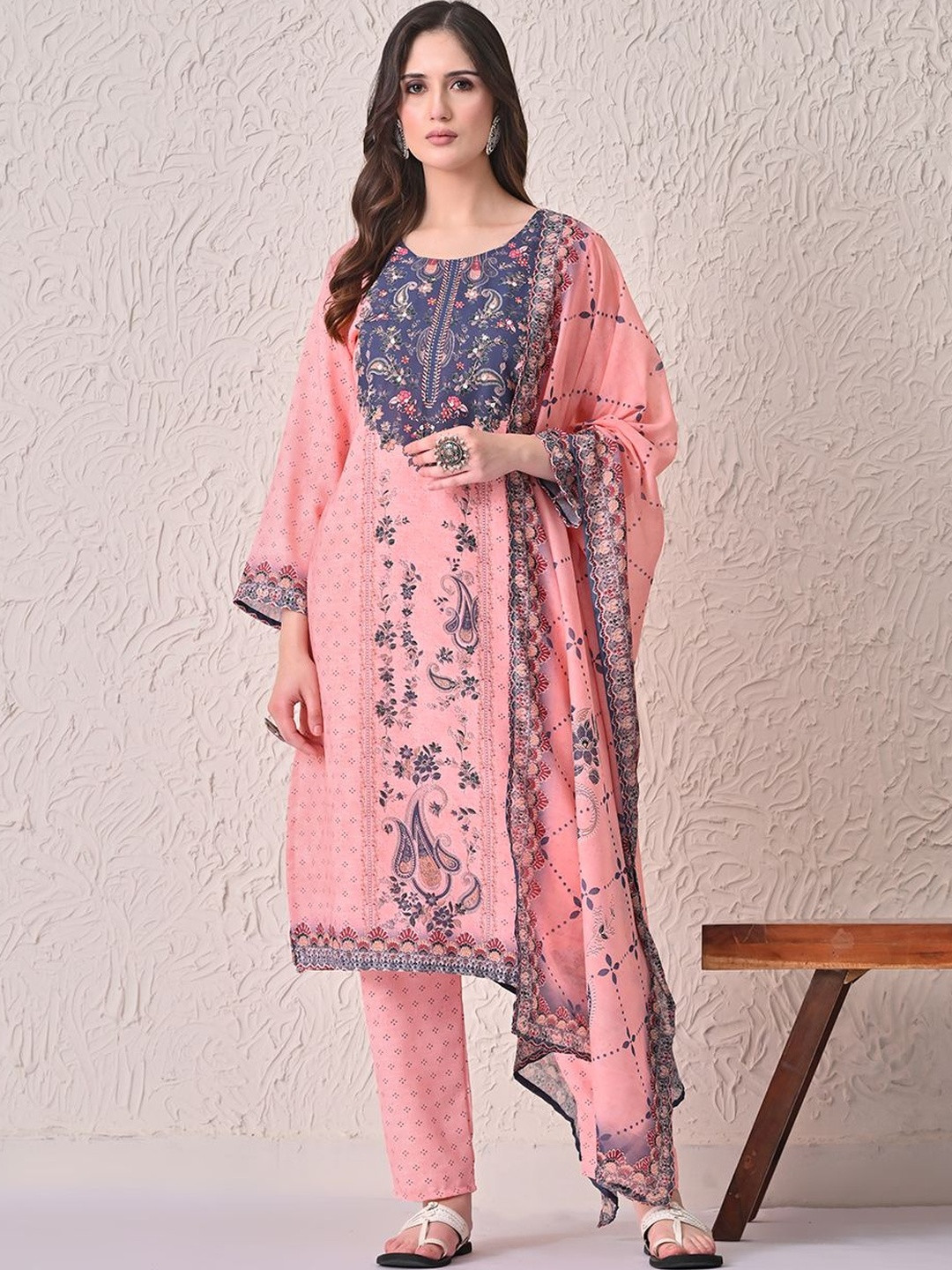 Sabhyata Women Ethnic Motifs Printed Regular Linen Kurta with Trousers & With Dupatta