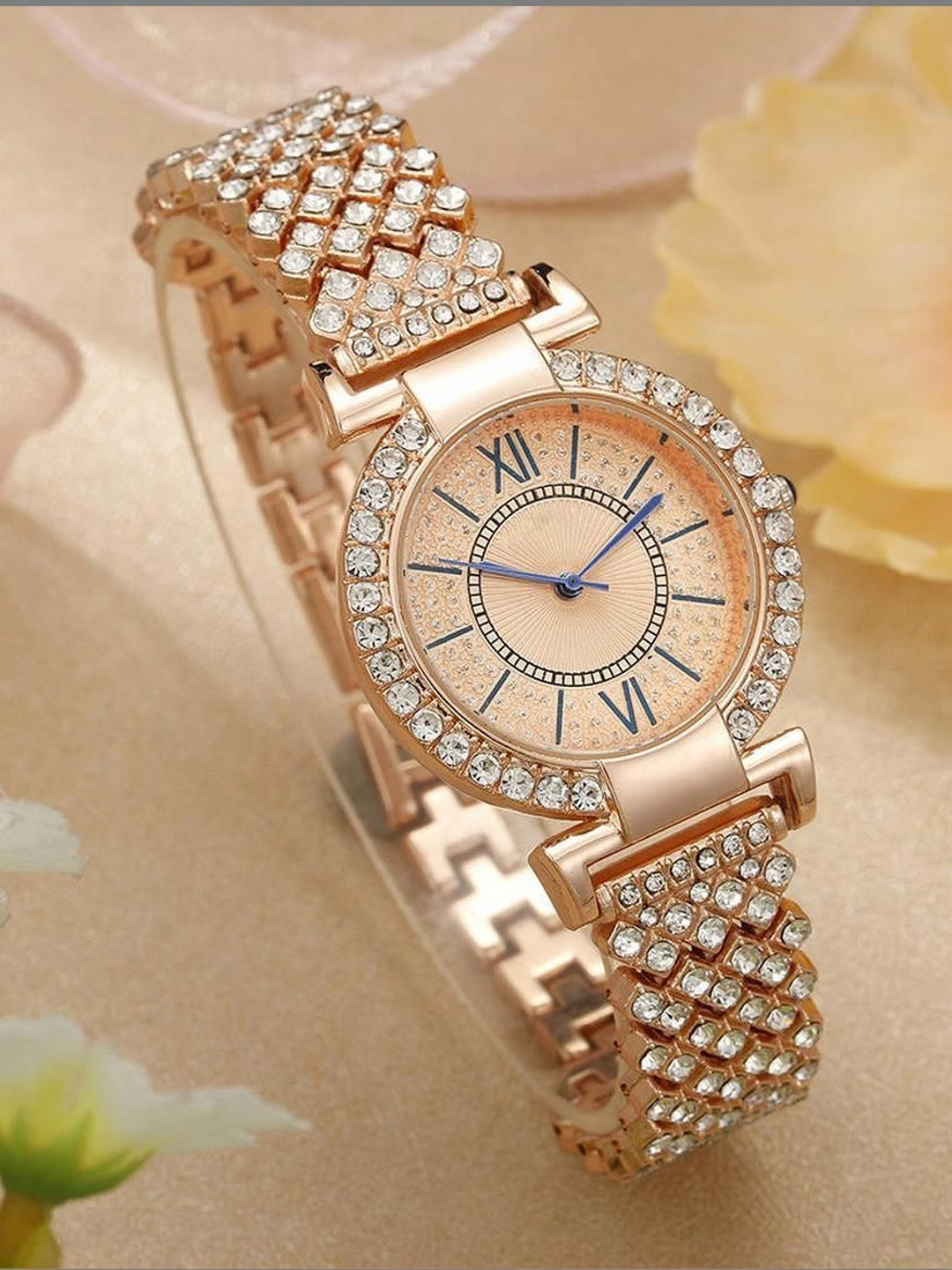 Moda Rapido Women Brass Dial & Embellished Straps Analogue Multi Function Watch M R DB02 Rosegold