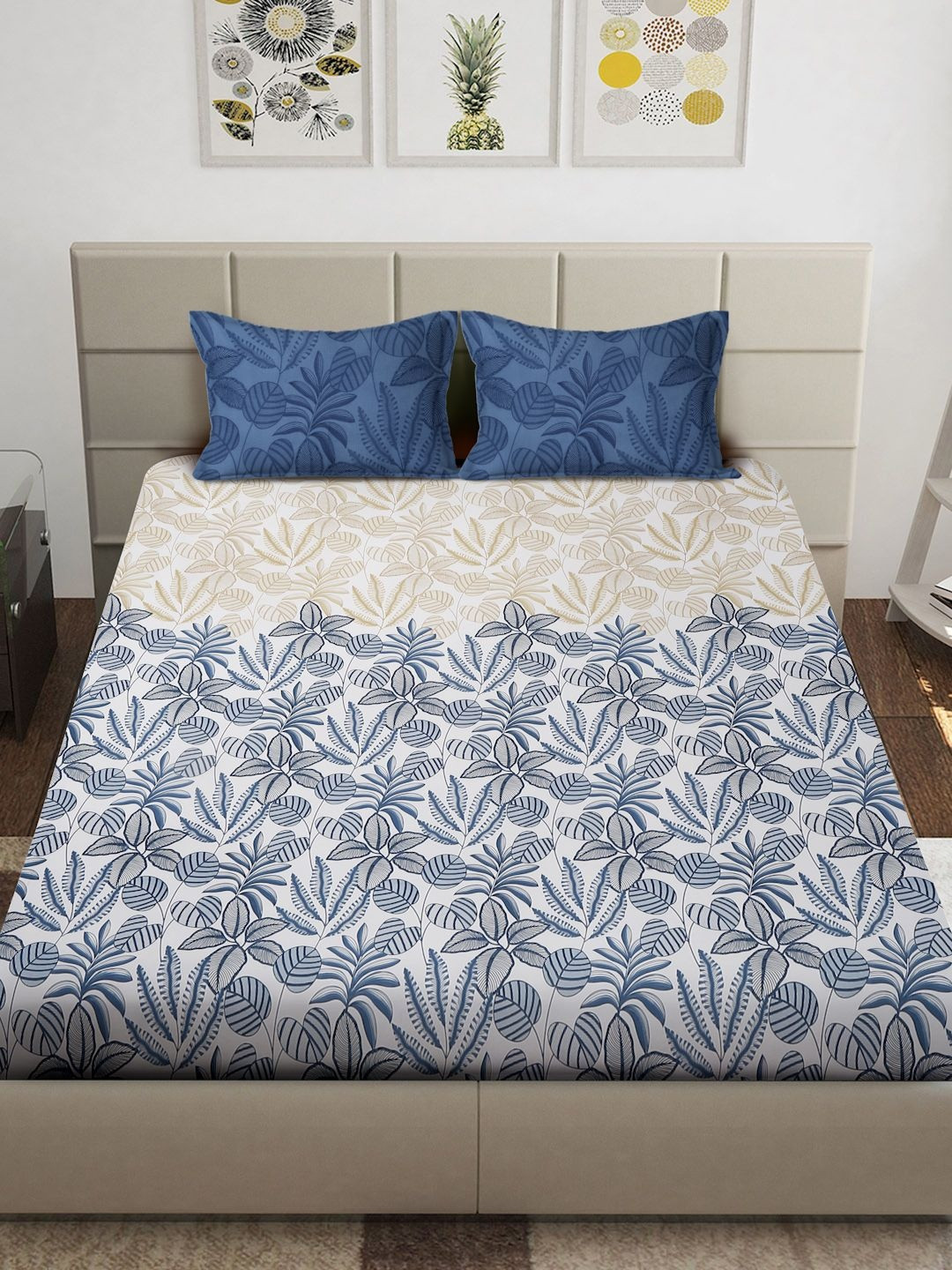 Myntra Elegant Homes White & Blue Floral 300 TC Bedsheet with 2 Pillow Covers