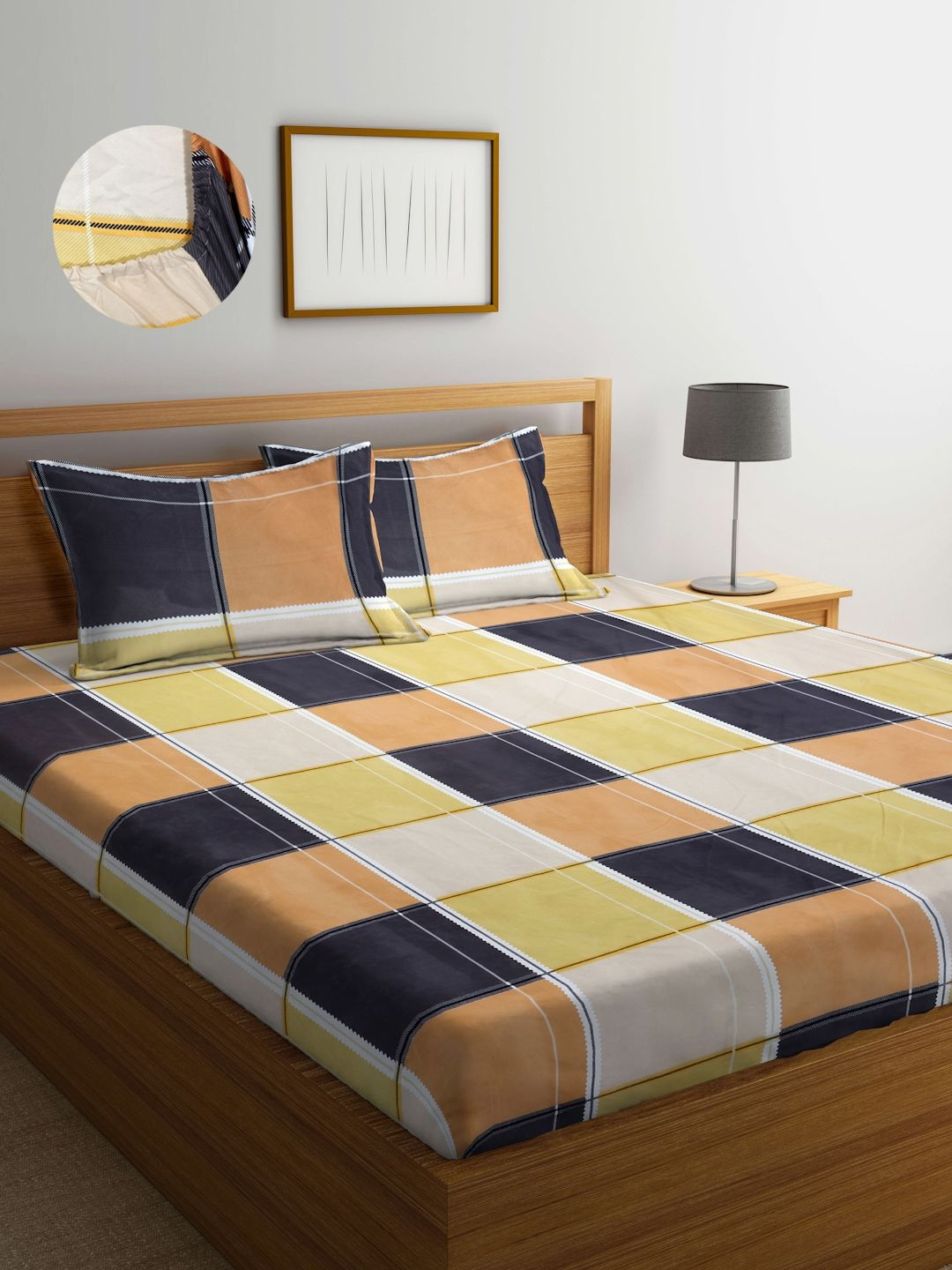 Myntra Elegant Homes Yellow & Yellow Geometric 300 TC Bedsheet with 2 Pillow Covers