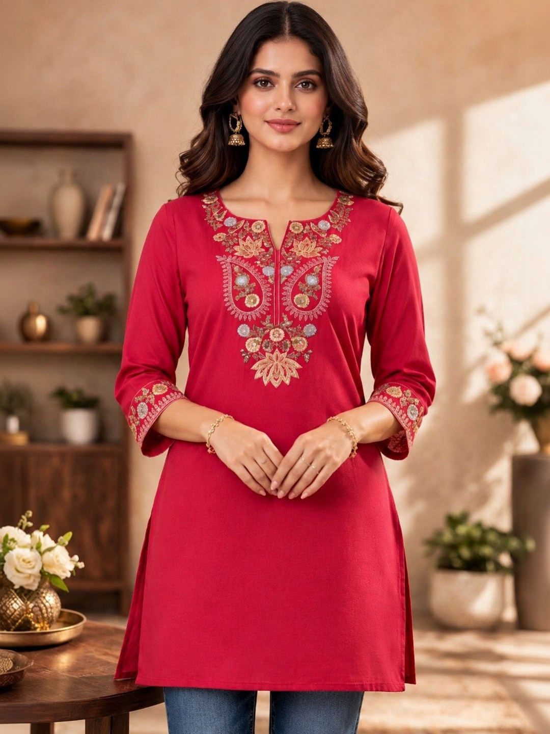 ESHMYRA Ethnic Motifs Embroidered Thread Work Handloom Thread Work Kurti