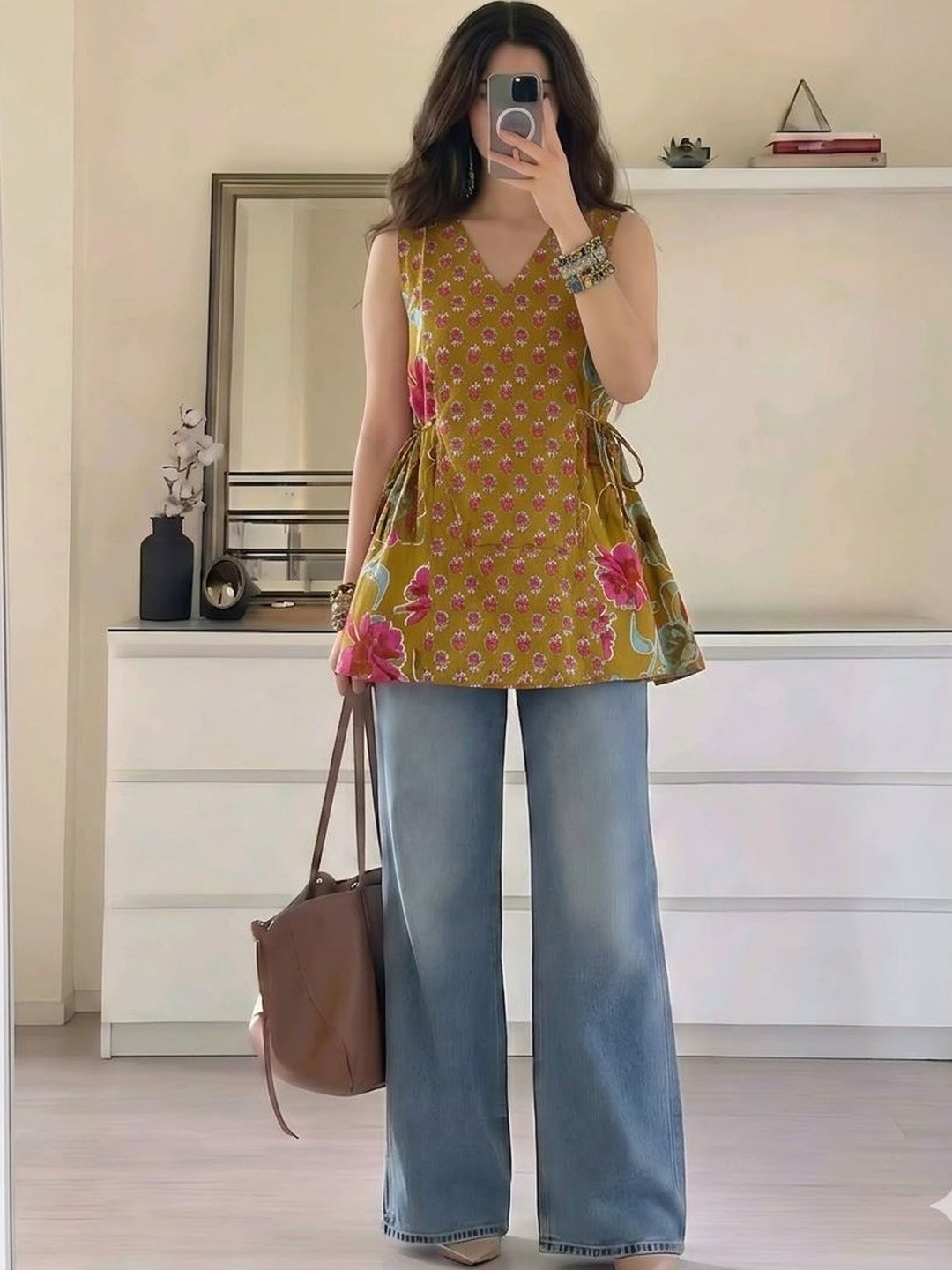 SATITHA Floral Printed V-Neck Pure Cotton Handloom Empire Kurti