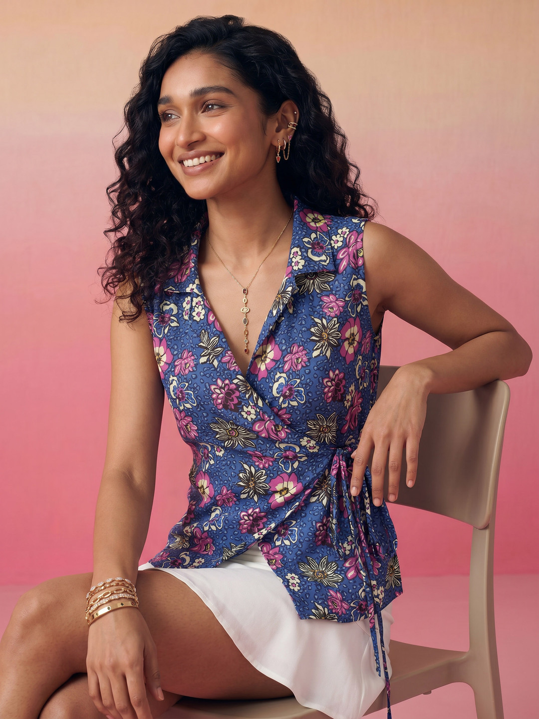 ZACCAI Sleeveless Floral Printed Wrap Top