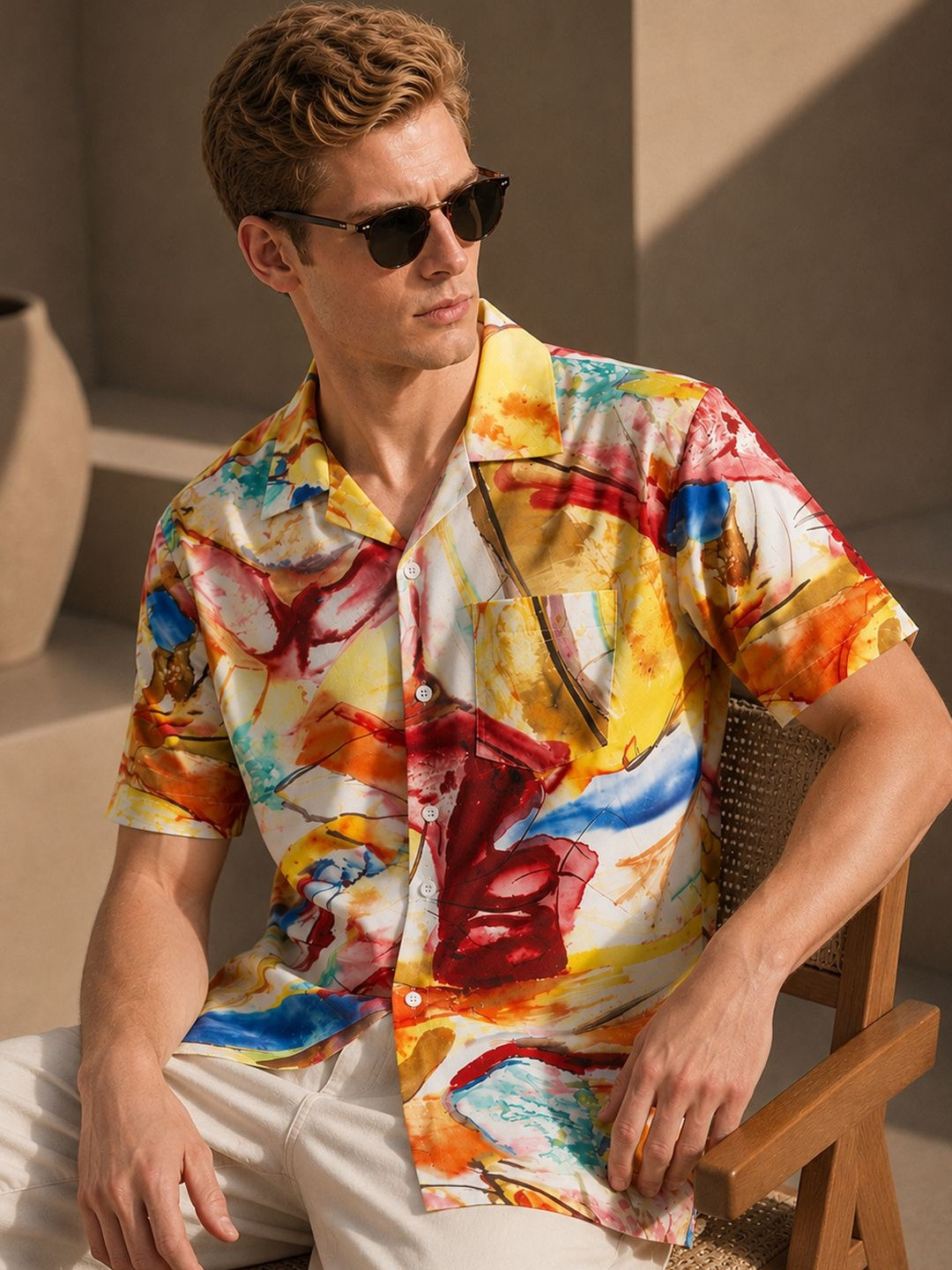 Hancock Men Comfort Cuban Collar Abstract Printed Cotton Relaxed Fit Casual Shirt