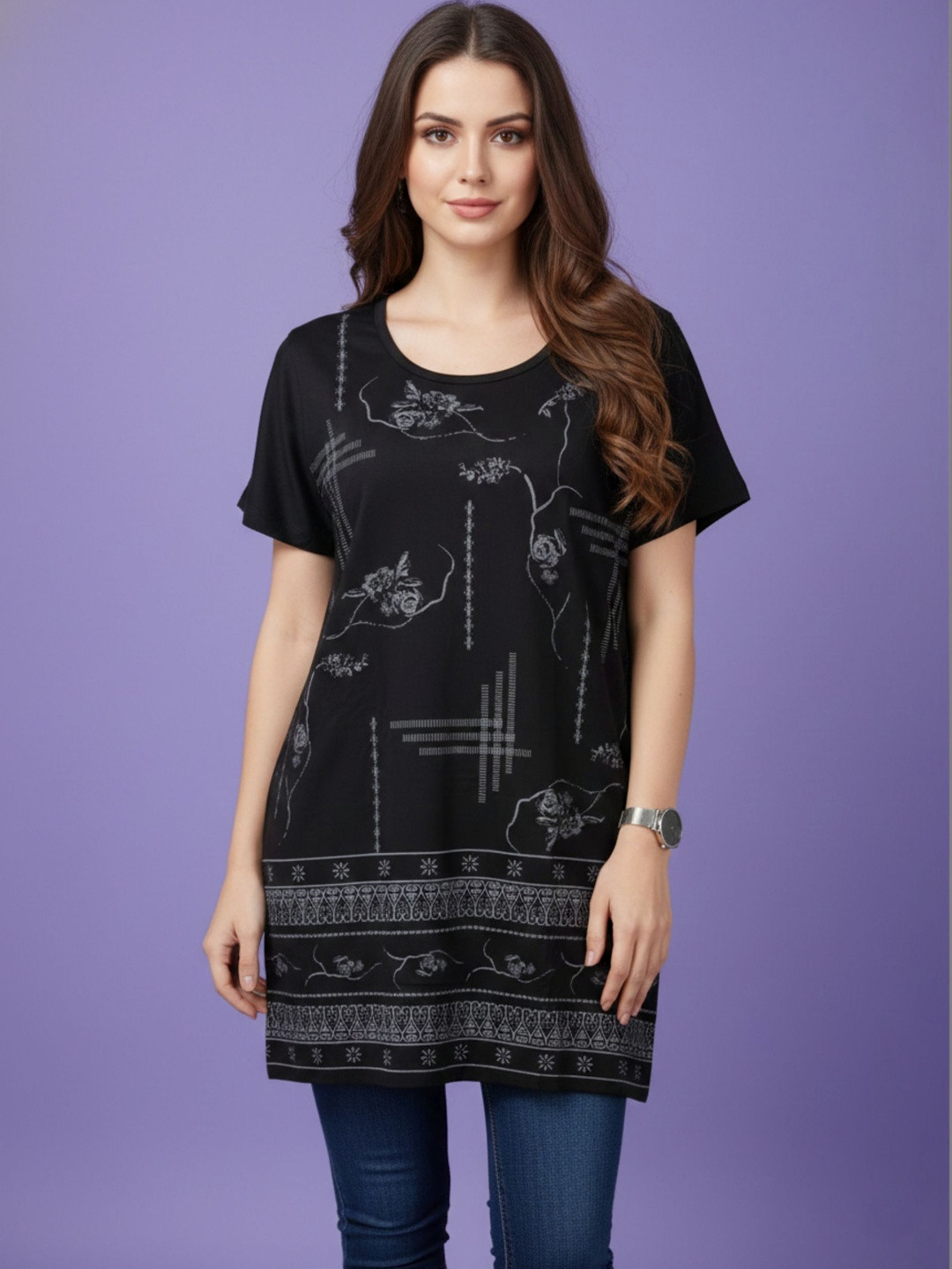 Sztori Floral Print Cotton Blend Longline Top