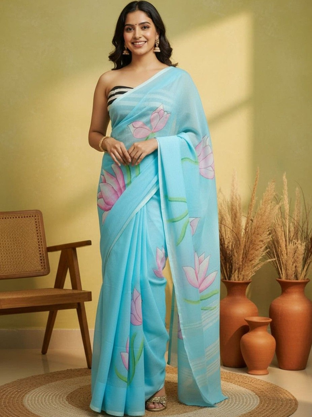 BHAKTI FASHION Floral Linen Blend Fusion Saree