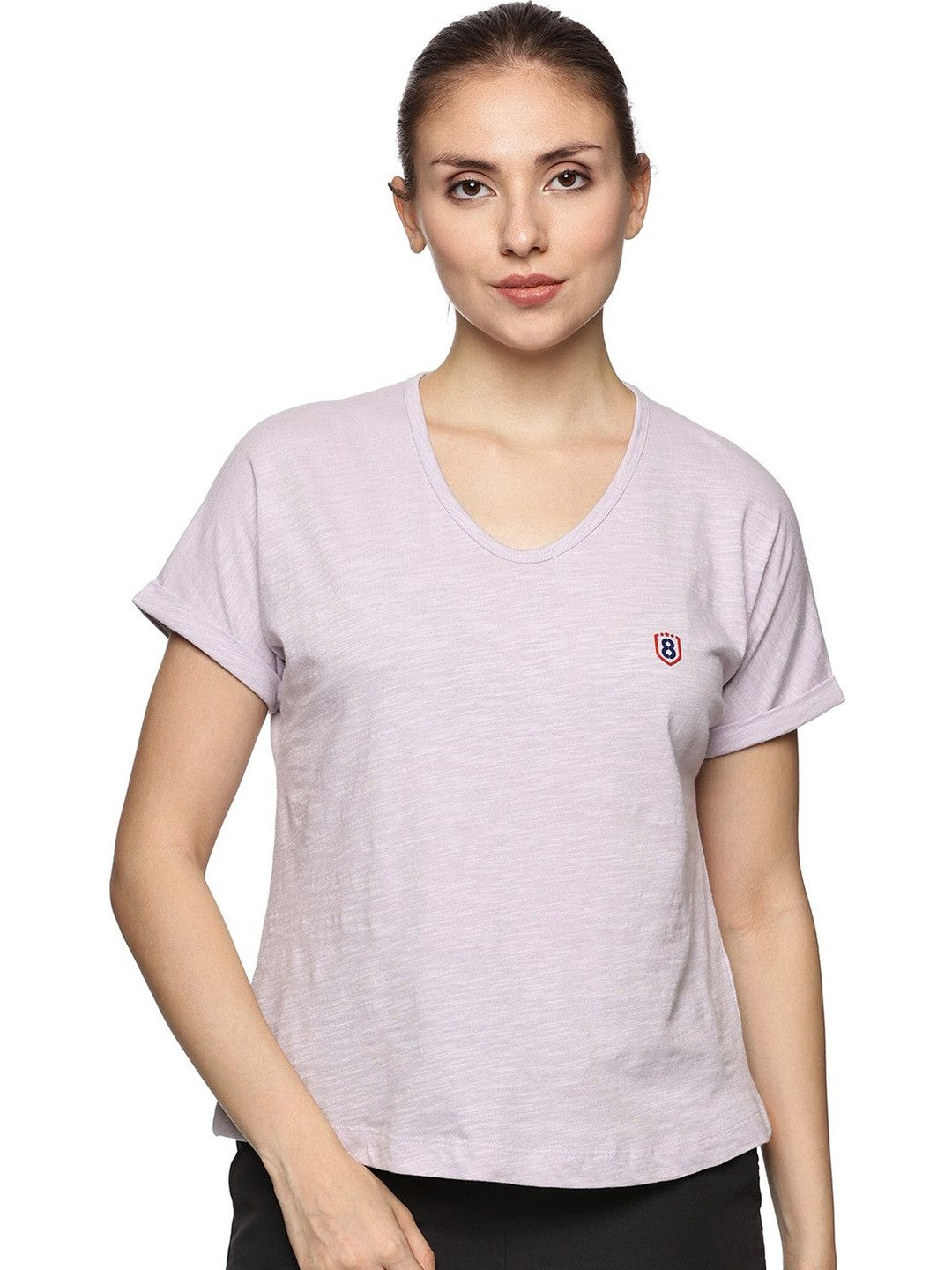 DOMIN8 Women Solid V-Neck Knitted Cotton Tshirt