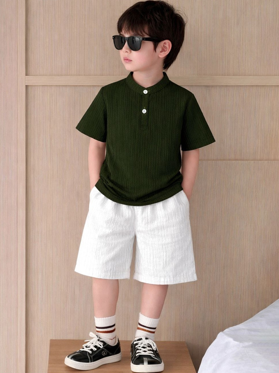 OMPAX Boys Self Design Mandarin Collar Shirt With Shorts