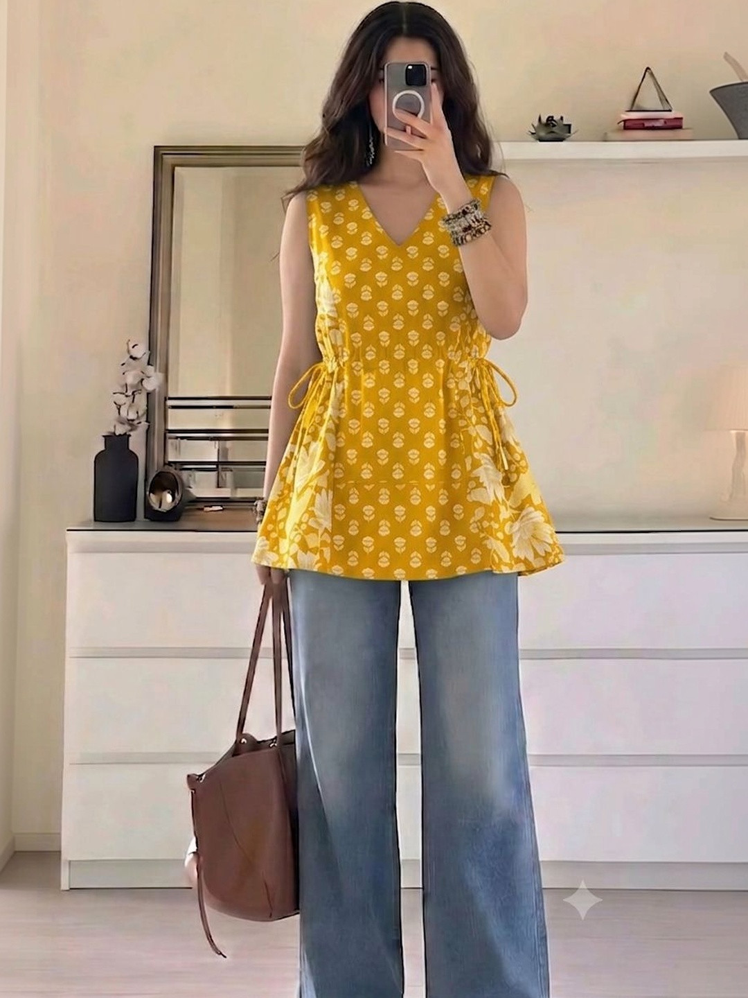 SATITHA Ethnic Motifs Printed V-Neck Pure Cotton Handloom Kurti