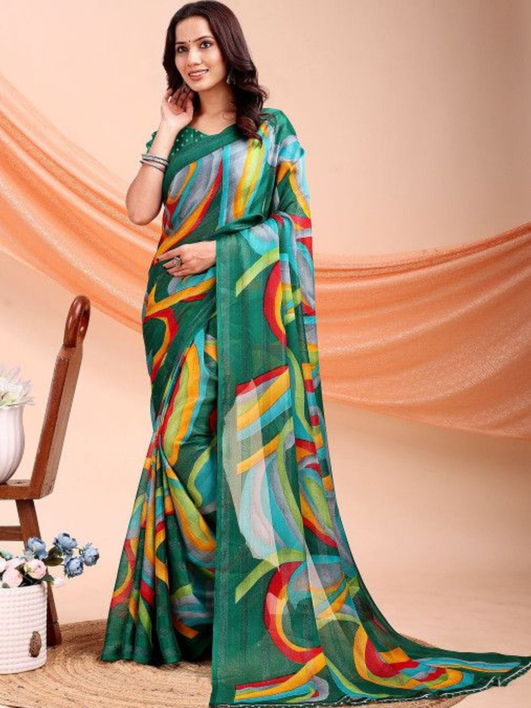 Leelavati Women Abstract Printed Pure Chiffon Saree