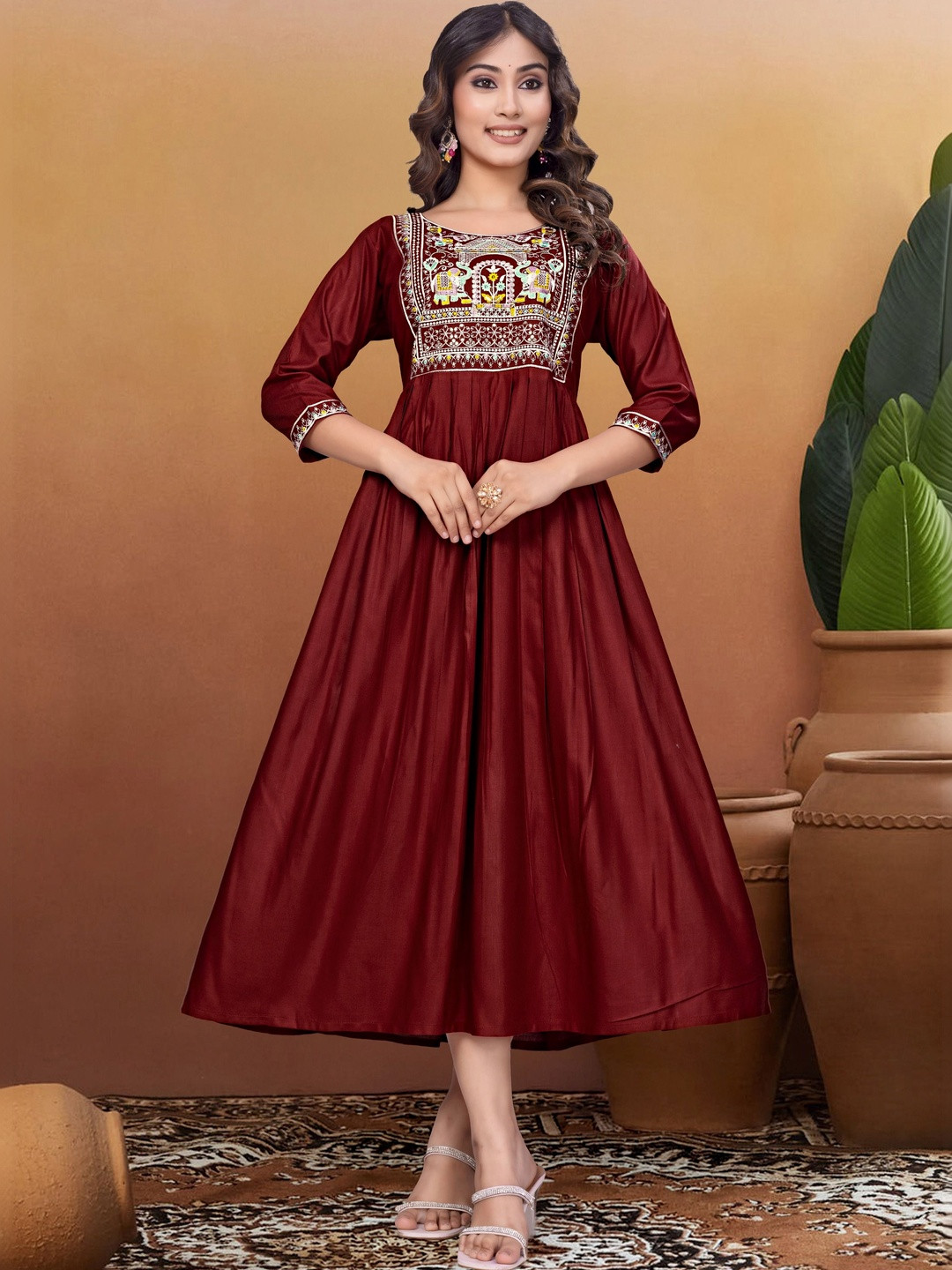 Kalavritta Ethnic Motifs Embroidered A-Line Midi Dress