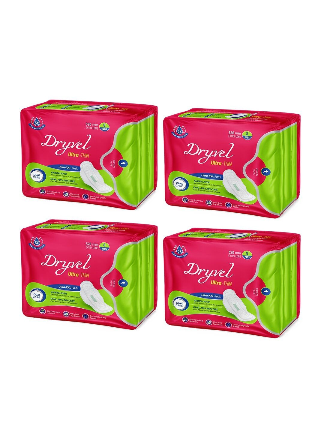 Dryvel Set Of 4 Ultra Long Protection Sanitary Pads With Wider Wings- XXL- 8 Pads Each