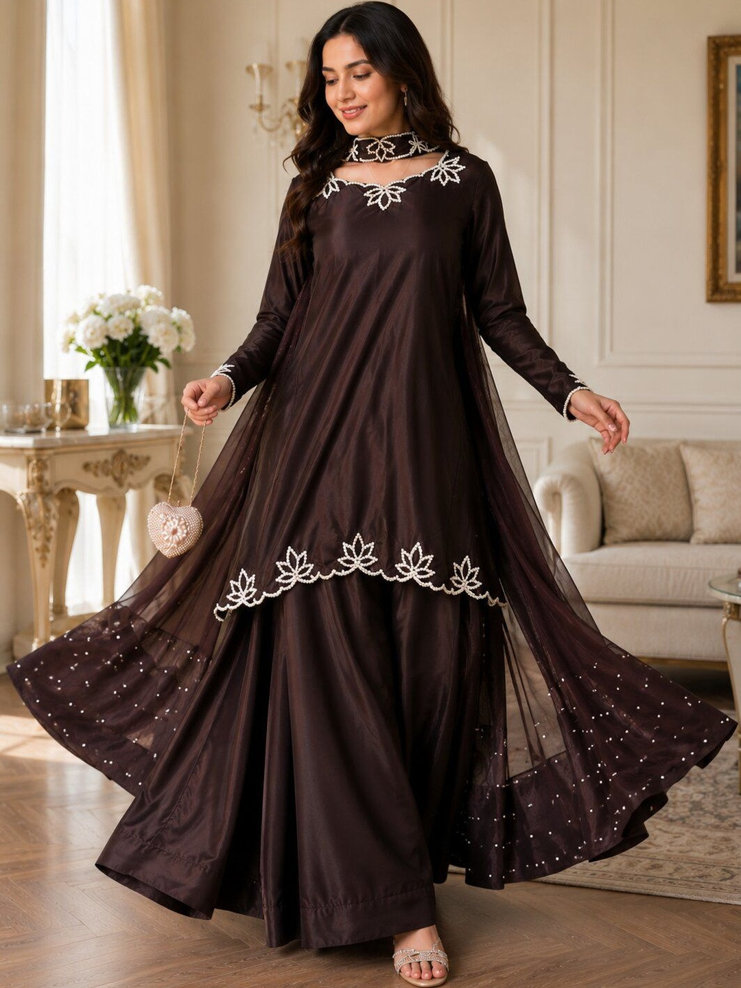 HERIN ENTERPRISE Women Floral Embroidered Regular Sequinned Kurta with Palazzos & With Dupatta