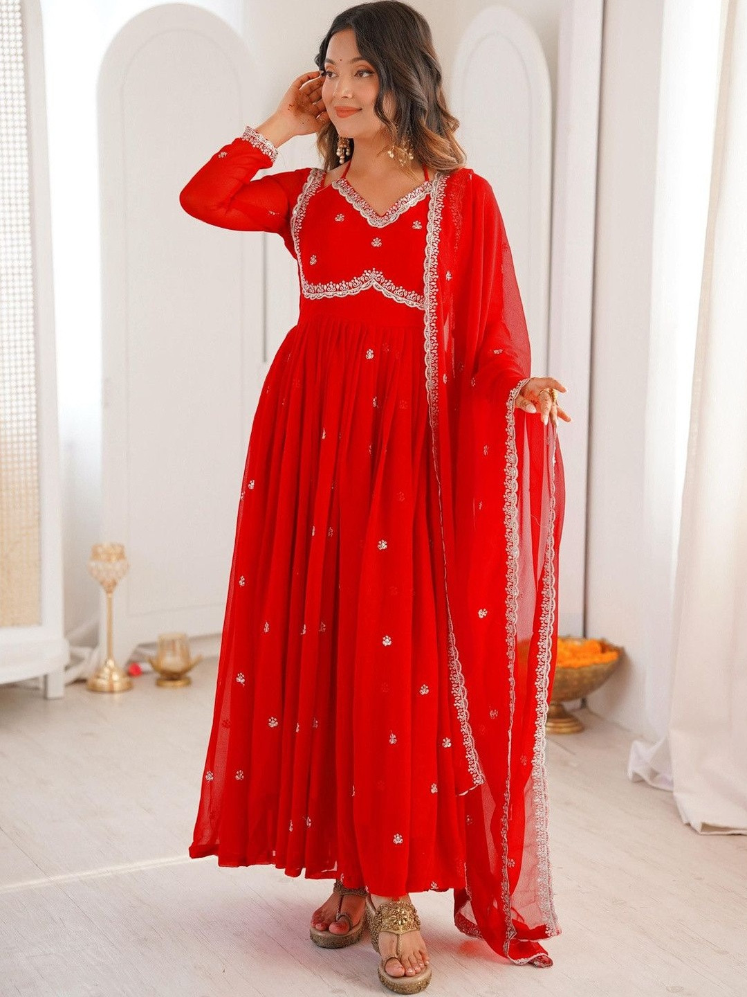 HERIN ENTERPRISE Women Floral Embroidered Panelled Sequinned Kurta with Trousers & With Dupatta