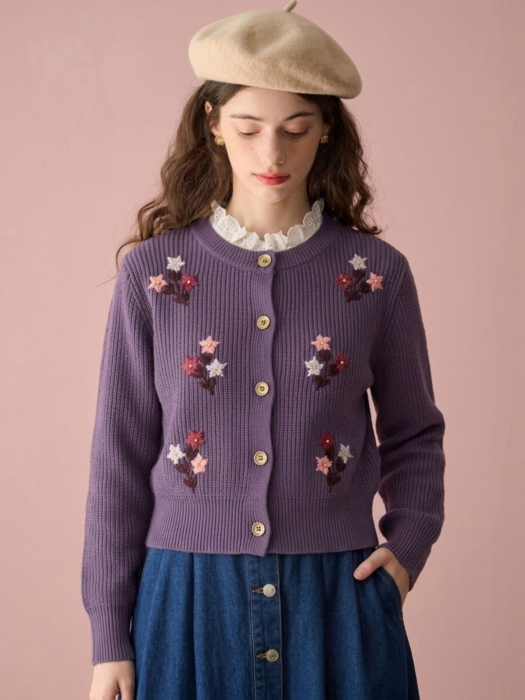 CLAPTON Women Embroidered Woollen Cardigan with Embroidered Detail