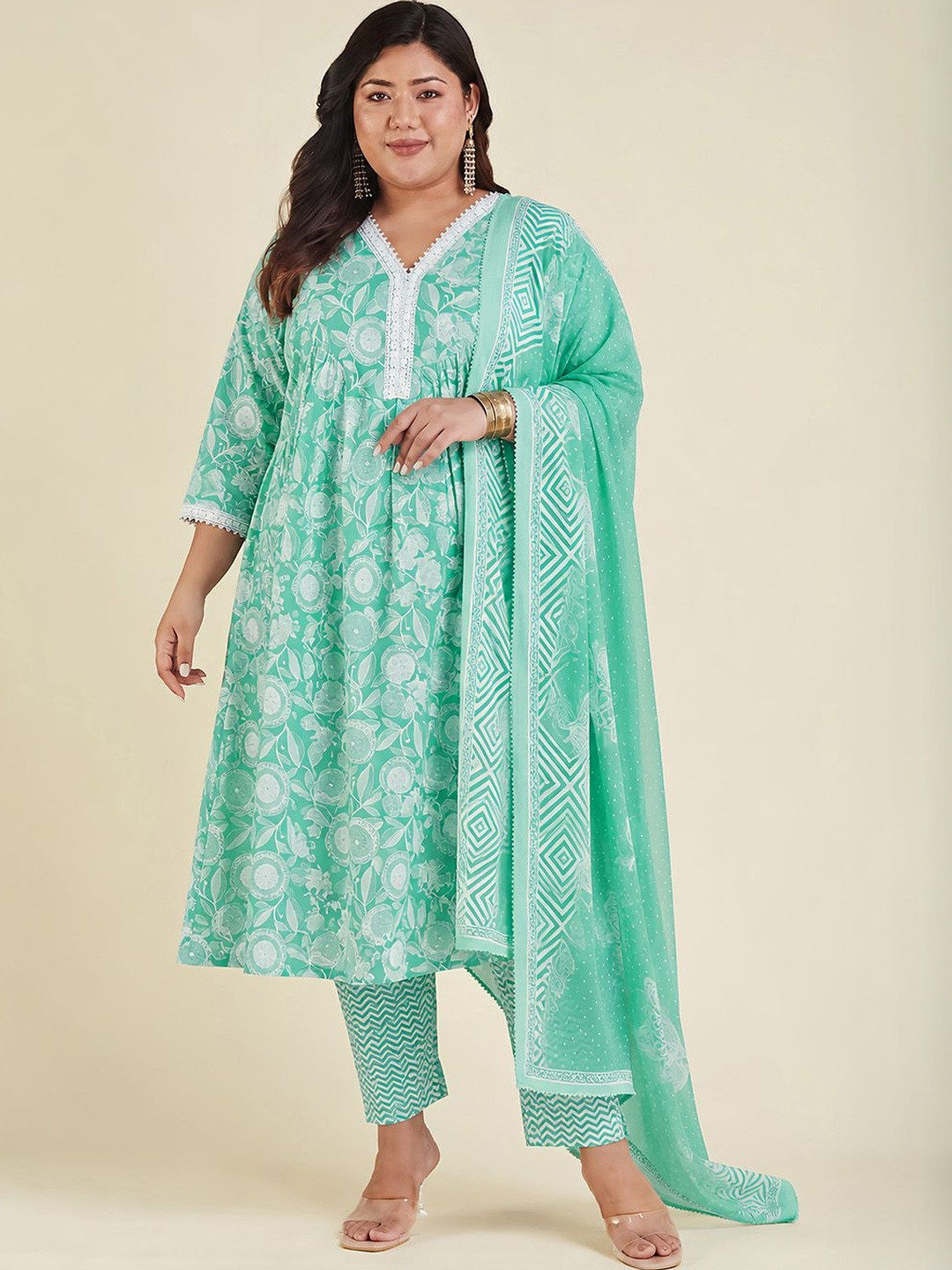 Janasya Women Plus Size Floral Print Gotta Patti Cotton Kurta with Trousers & With Dupatta
