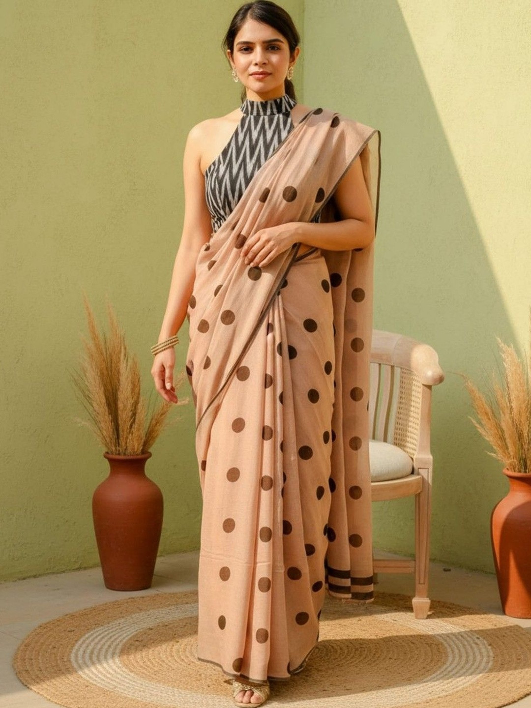 BHAKTI FASHION Polka Dot Linen Blend Saree