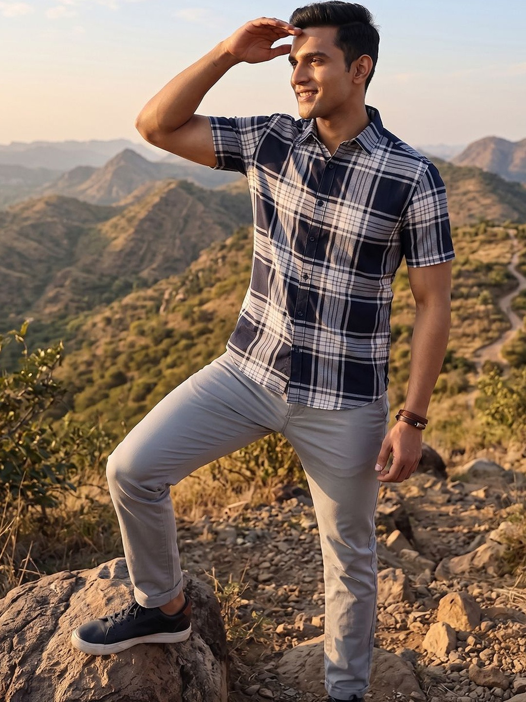 The Roadster Lifestyle Co Checked Cotton Spread Collar Shirt