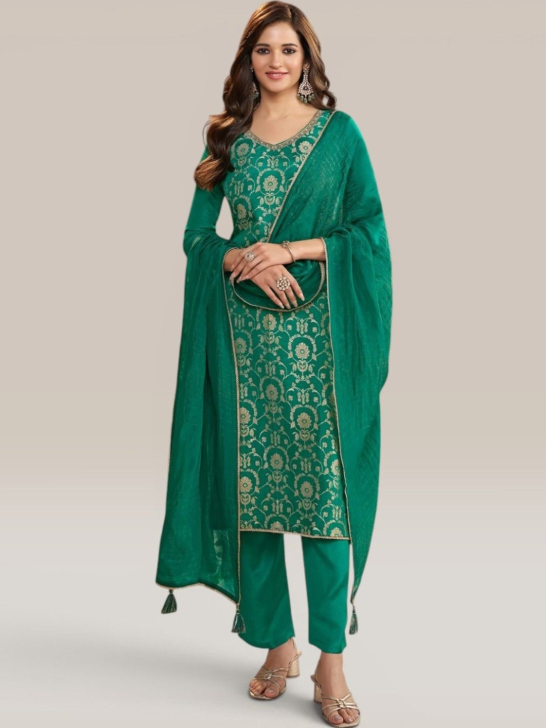 Seerat Floral Woven Design Pure Silk Straight Kurta with Trousers & With Dupatta