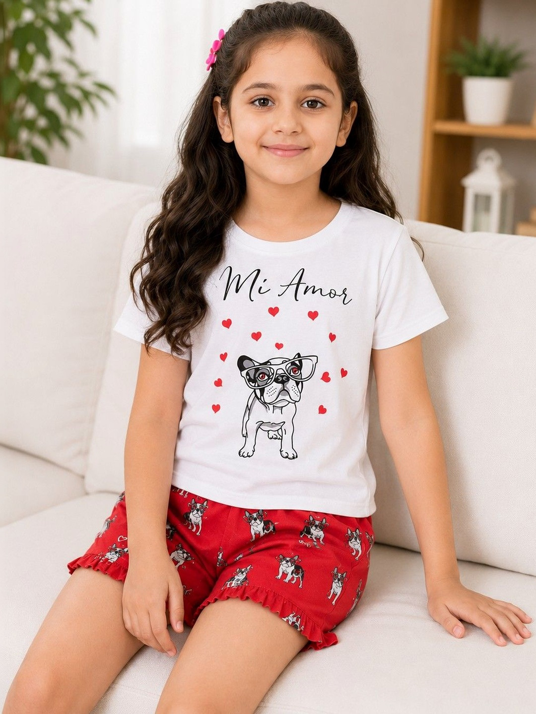 Ninos Dreams Girls Red Conversational Printed Pure Cotton T-shirt & Shorts Clothing Set