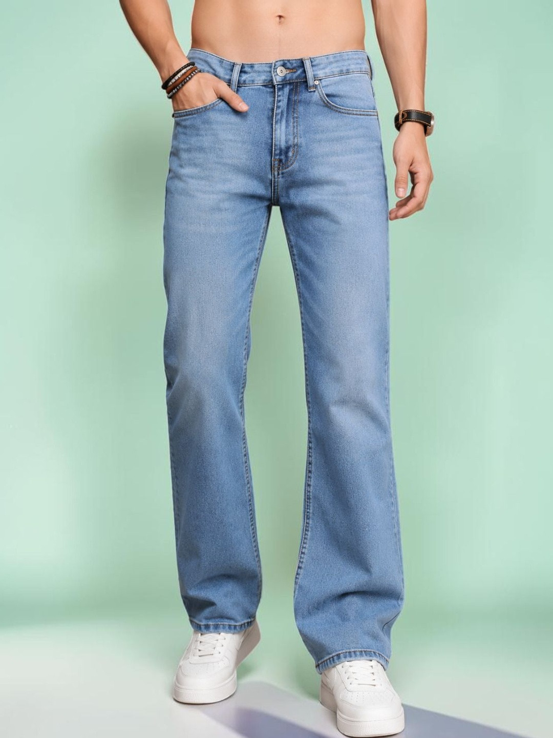 Mast & Harbour Men Jean Straight Fit Mid-Rise Light Fade Stretchable Jeans