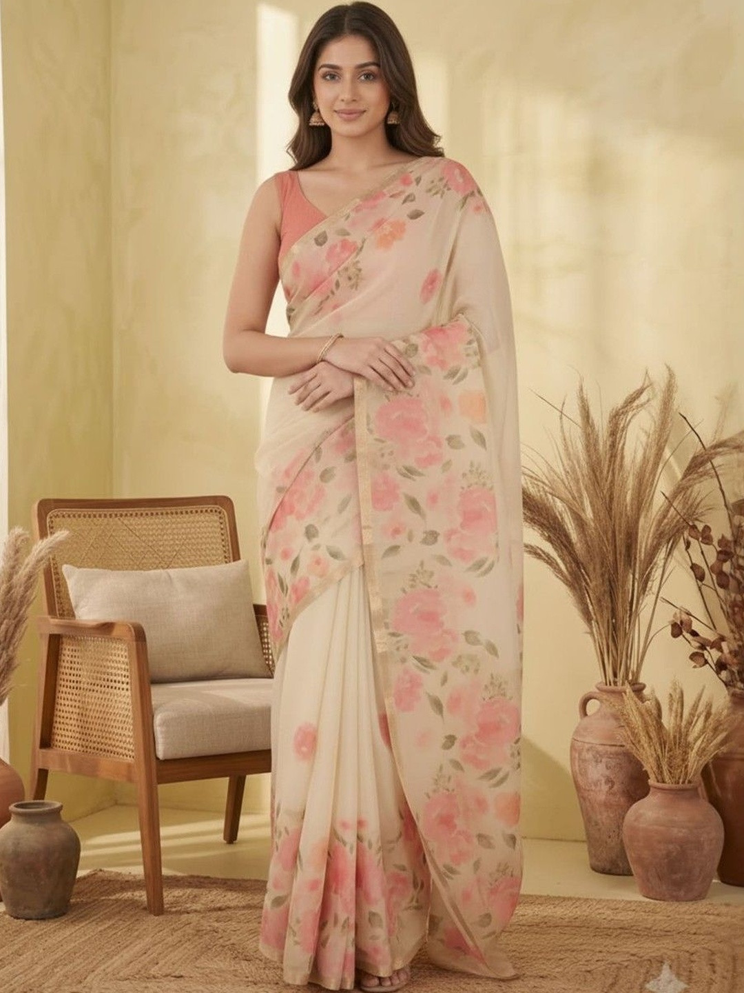 BHAKTI FASHION Floral Linen Blend Saree