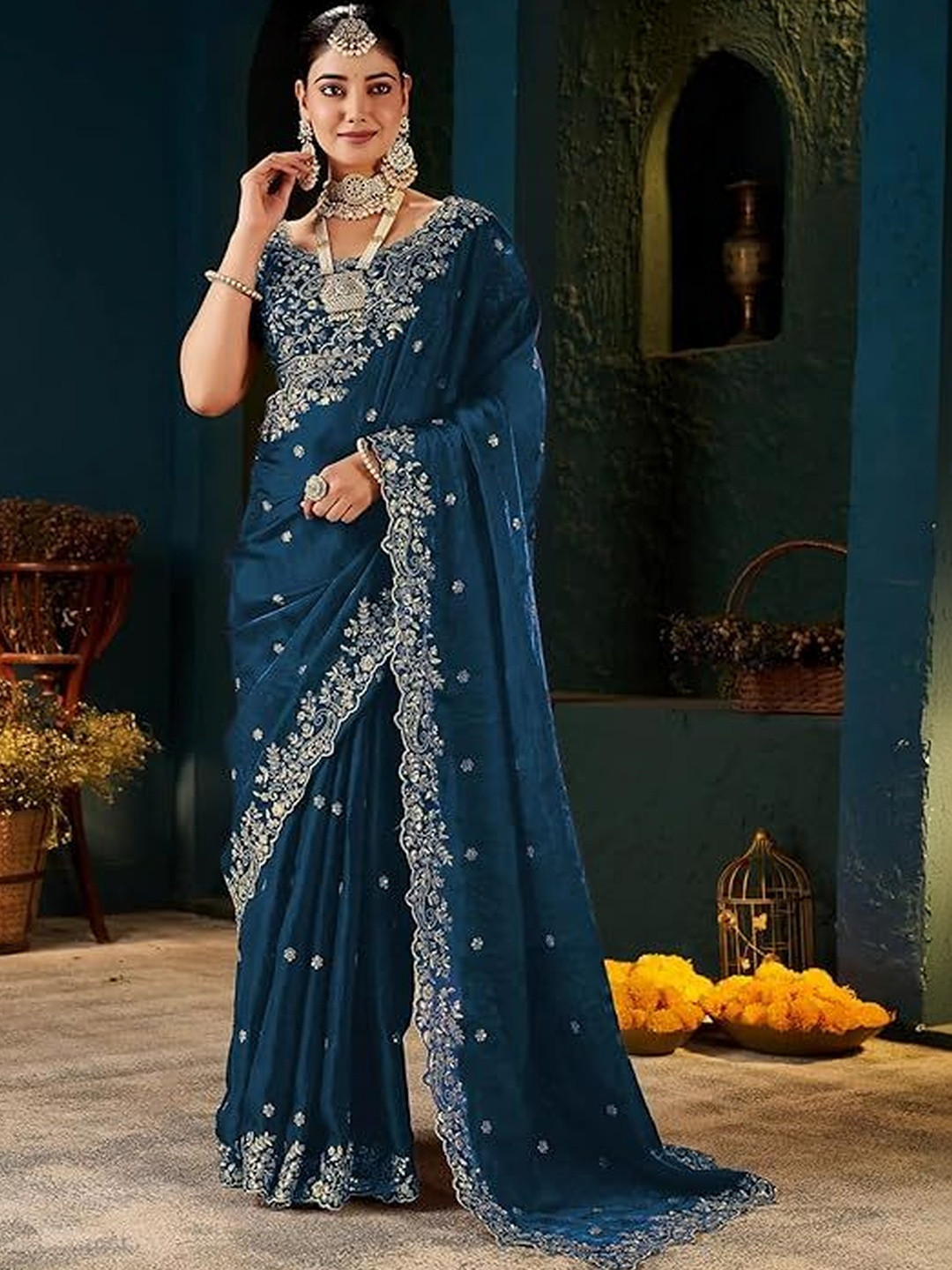 BRIGHT DESIGNS Embroidered Satin Designer Saree