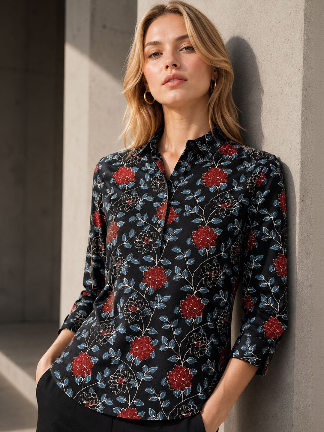 Hancock Women Floral Printed Mandarin Collar Pure Cotton Formal Top