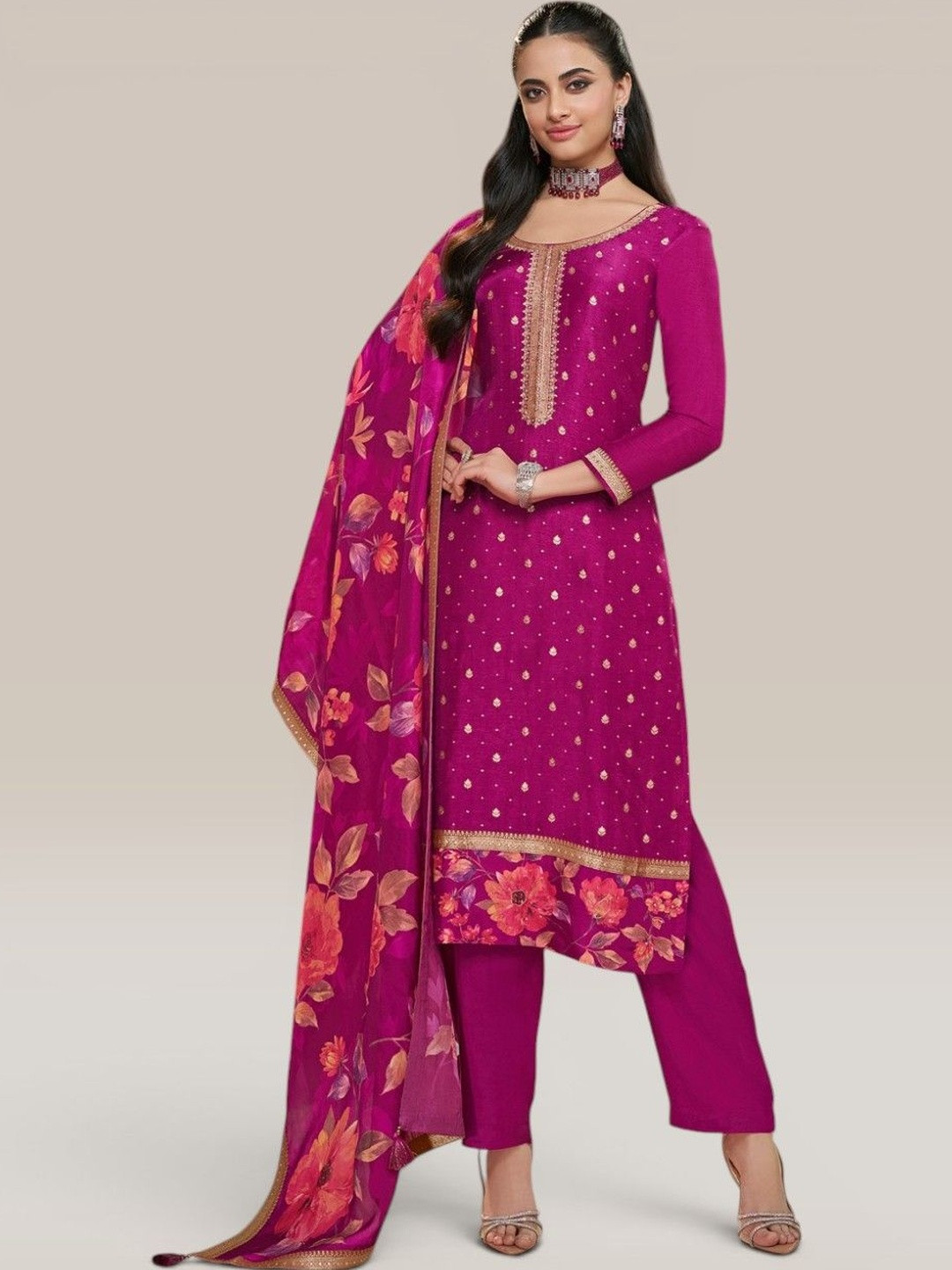 Seerat Floral Printed Thread Work Pure Silk Straight Kurta With Trousers & Dupatta