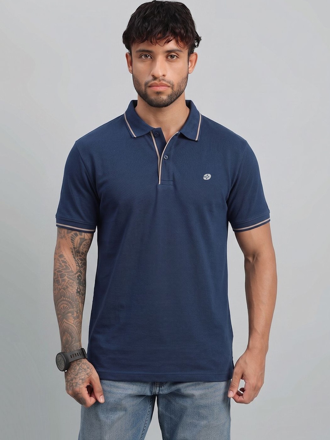 LUX NITRO Solid Cotton Blend Ribbed Sleeve Side Slit Polo T Shirt